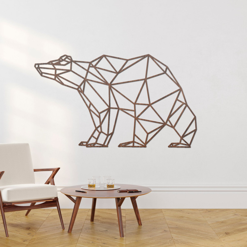 Modern wooden wall decoration with a geometric bear in natural oak decor.