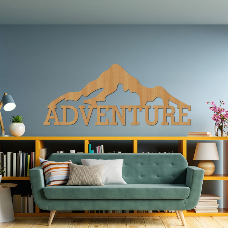 Carved wooden picture on the wall of the mountain - ADVENTURE