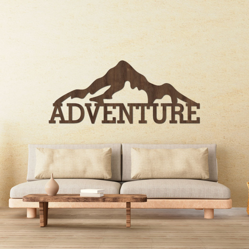 Carved wooden picture on the wall of the mountain - ADVENTURE