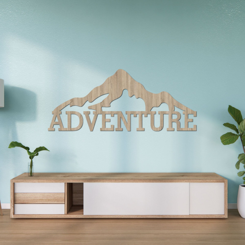 Carved wooden picture on the wall of the mountain - ADVENTURE