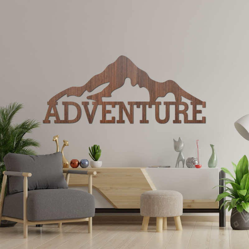 Carved wooden picture on the wall of the mountain - ADVENTURE