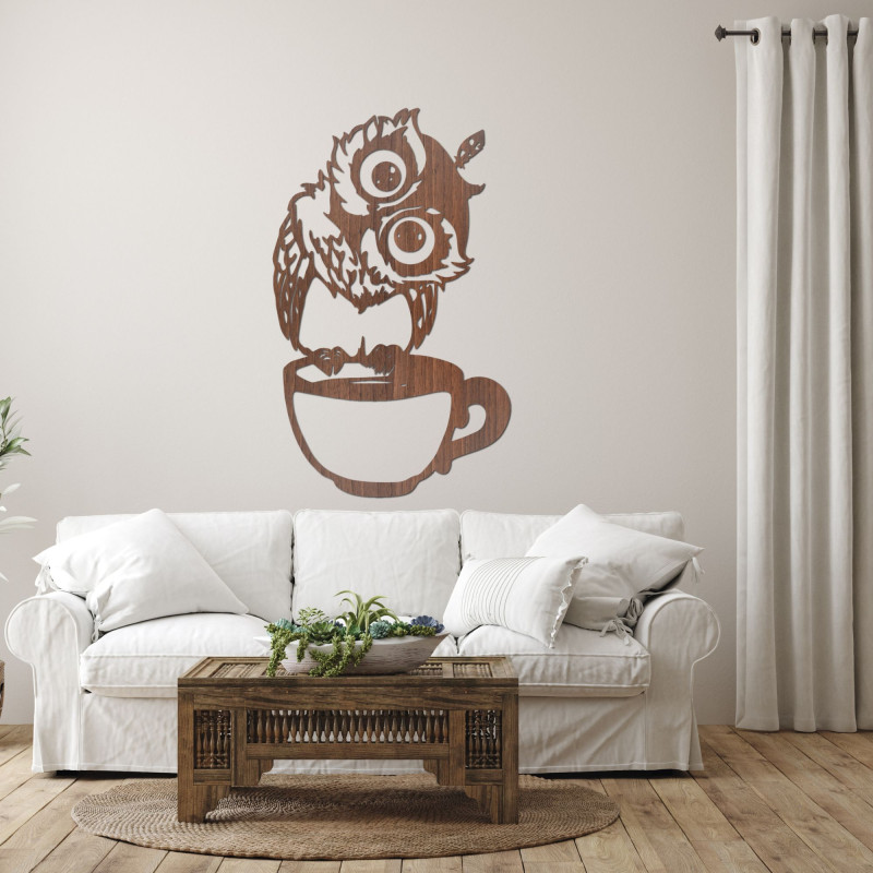 Wooden cute wall picture of an owl in a cup - owl