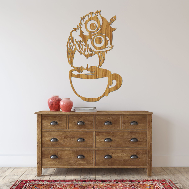 Wooden cute wall picture of an owl in a cup - owl