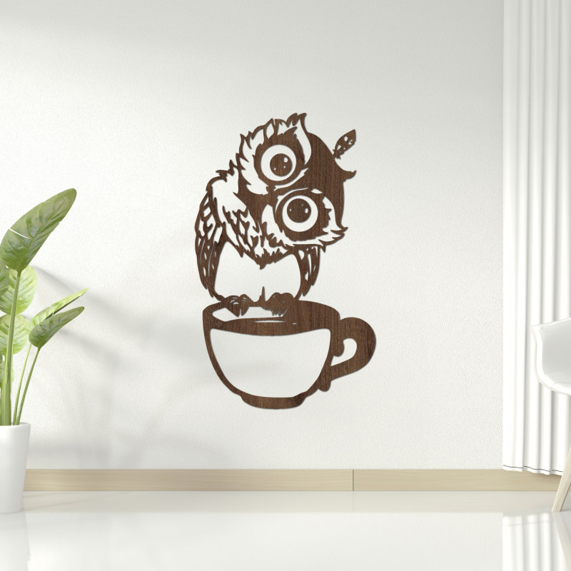 Wooden cute wall picture of an owl in a cup - owl