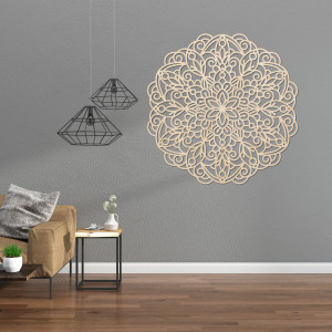 Elegant wooden mandala on the wall in a modern boho style interior