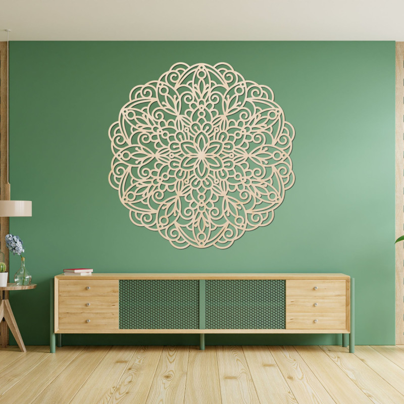 Elegant wooden mandala on the wall in a modern boho style interior
