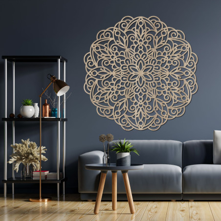 Wooden mandala on the wall: geometric floral decoration