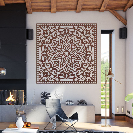 Wooden mandala on the wall, square