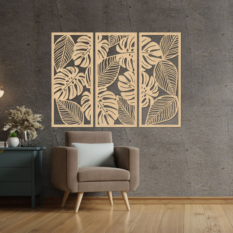 Three-part painting with Monstera leaves