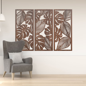 Three-part painting with Monstera leaves