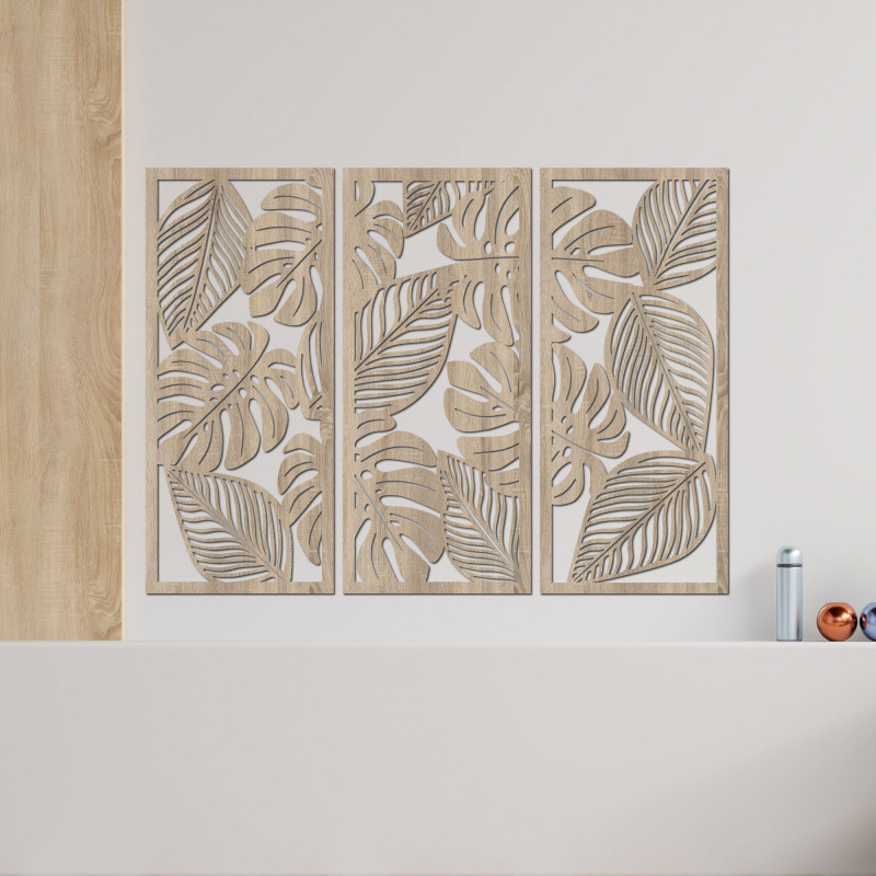 Three-part painting with Monstera leaves