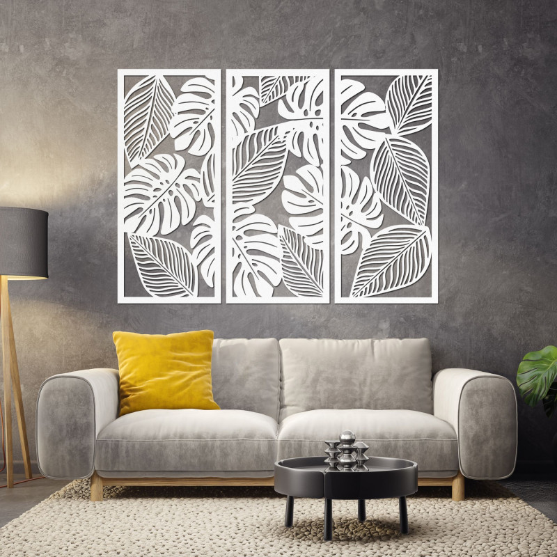 Three-part painting with Monstera leaves