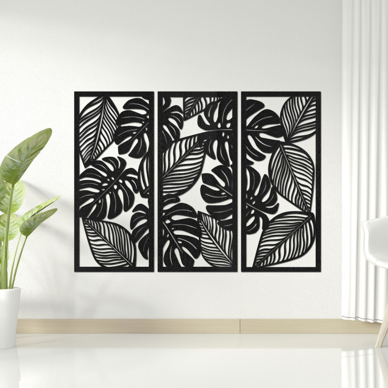 Three-part painting with Monstera leaves