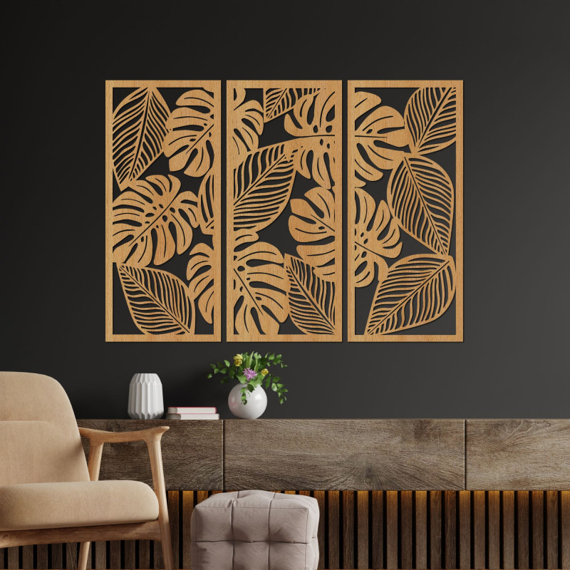 Three-part painting with Monstera leaves