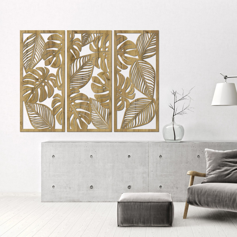 Three-part painting with Monstera leaves