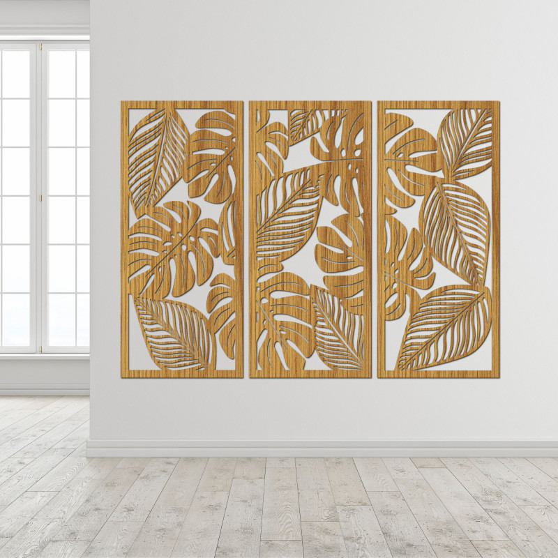 Three-part painting with Monstera leaves