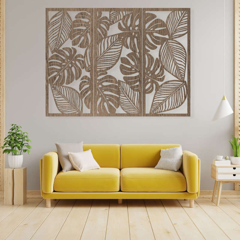 Three-part painting with Monstera leaves
