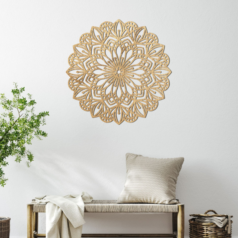 Wooden mandala for the wall with a precisely carved ornamental pattern