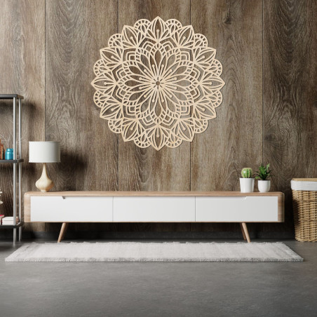 Wooden mandala for the wall with a precisely carved ornamental pattern