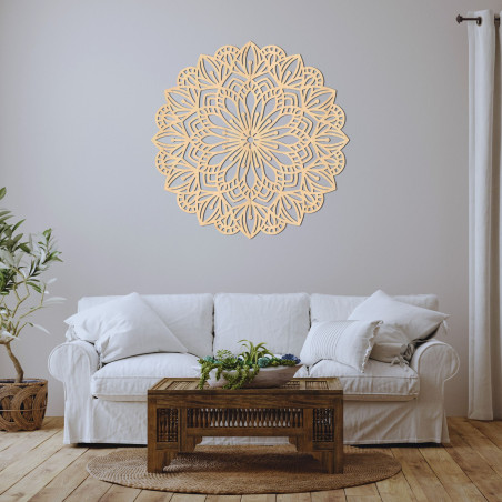 Wooden mandala for the wall with a detailed floral pattern in a natural finish.