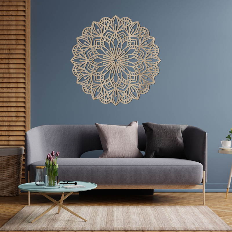 Wooden mandala for the wall with a detailed floral pattern in a natural finish.