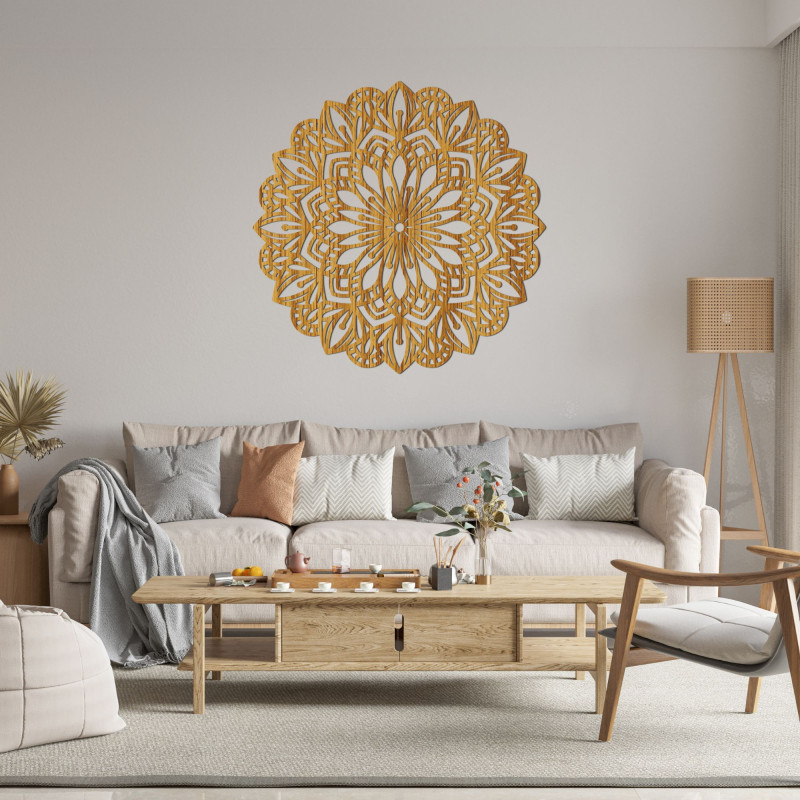 Natural wooden mandala with a floral motif, suitable for the living room and bedroom.