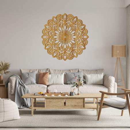 Natural wooden mandala with a floral motif, suitable for the living room and bedroom.