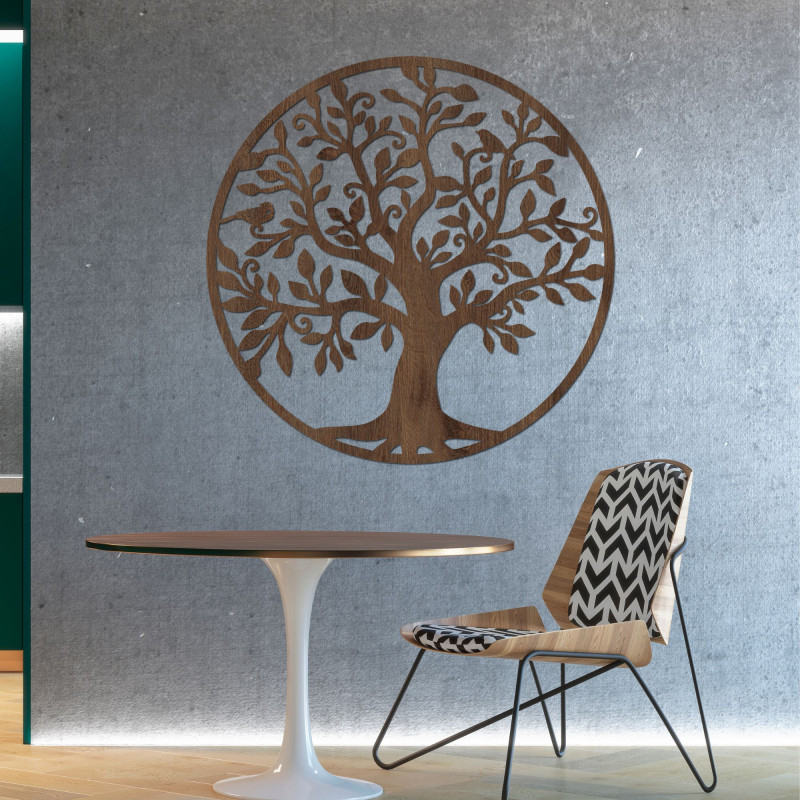 The symbolic tree of life in wooden design adds a touch of nature and spiritual balance to the home.