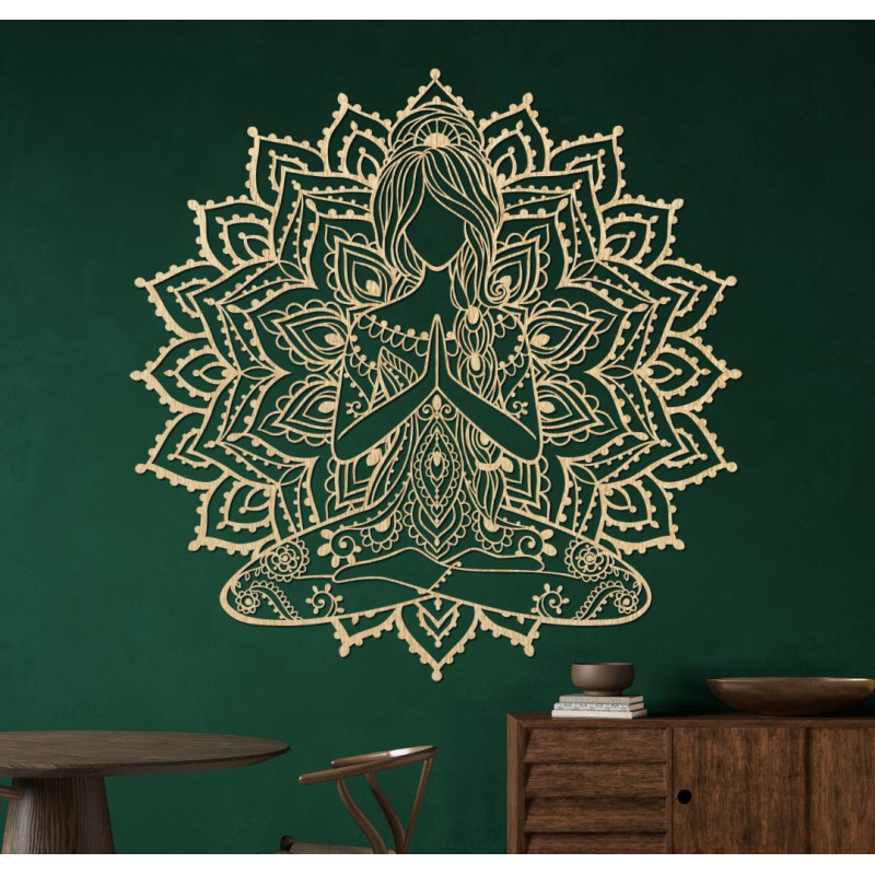 Wooden 3D mandala yoga woman on the wall - design decoration for the living room for a modern and harmonious interior.