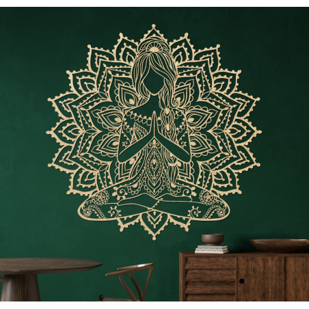 Wooden 3D mandala yoga woman on the wall - design decoration for the living room for a modern and harmonious interior.