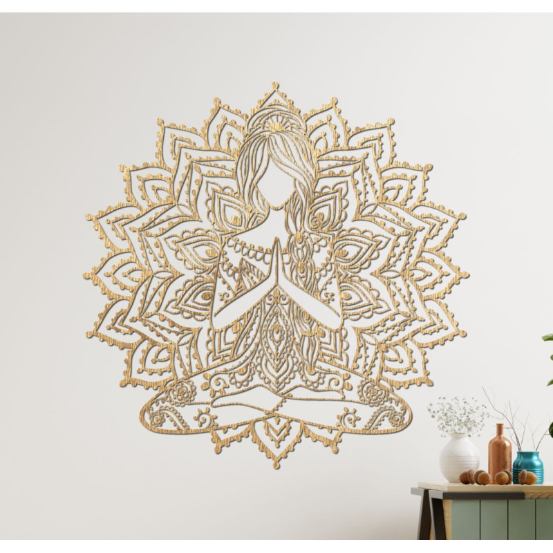 Modern wooden painting of a yoga woman in a mandala - elegant wall decoration for a stylish and peaceful space.