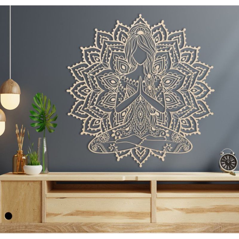 Wooden 3D mandala yoga woman on the wall - design decoration for the living room for a modern and harmonious interior.
