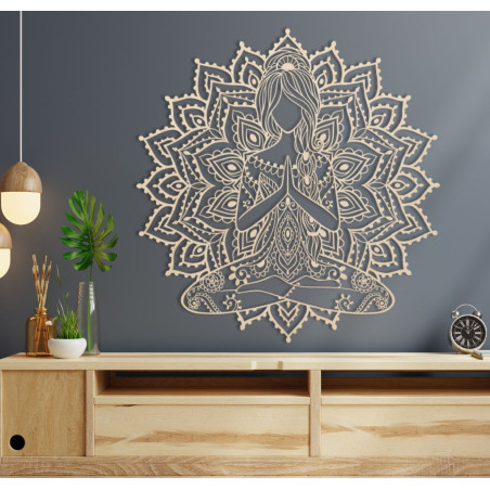 Wooden 3D mandala yoga woman on the wall - design decoration for the living room for a modern and harmonious interior.