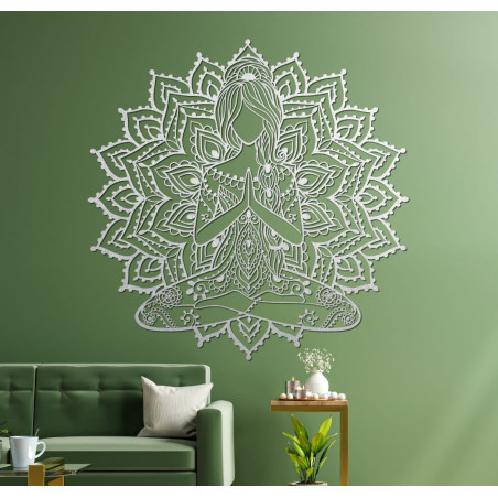 Wooden 3D mandala yoga woman on the wall - design decoration for the living room for a modern and harmonious interior.