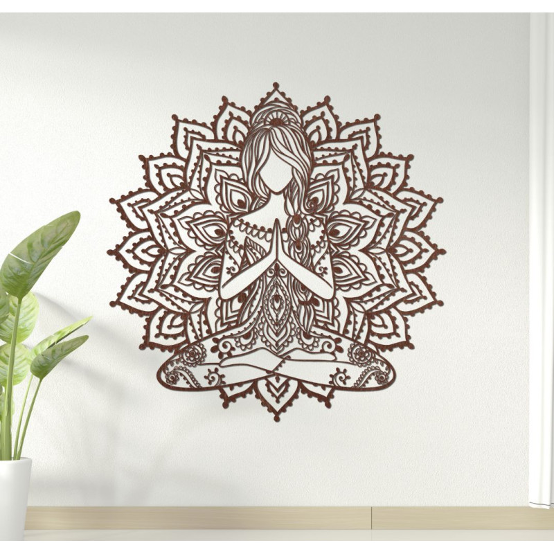 Modern wooden painting of a yoga woman in a mandala - elegant wall decoration for a stylish and peaceful space.