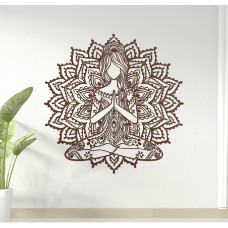 Modern wooden painting of a yoga woman in a mandala - elegant wall decoration for a stylish and peaceful space.