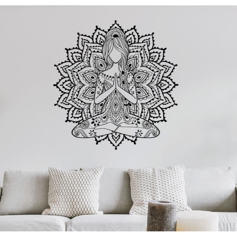 Wooden 3D mandala yoga woman on the wall - design decoration for the living room for a modern and harmonious interior.