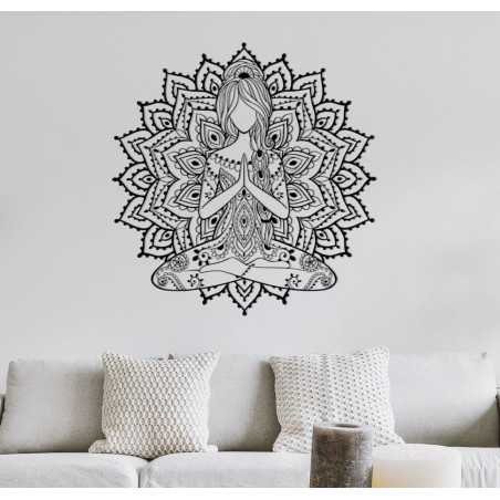 Wooden 3D mandala yoga woman on the wall - design decoration for the living room for a modern and harmonious interior.