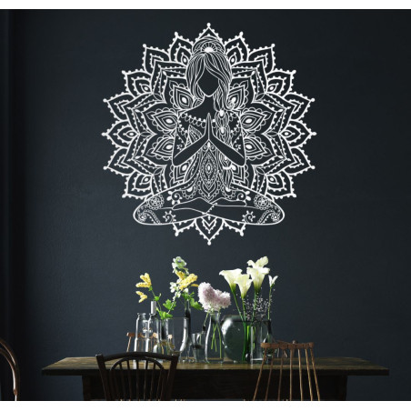 Wooden 3D mandala yoga woman on the wall - design decoration for the living room for a modern and harmonious interior.