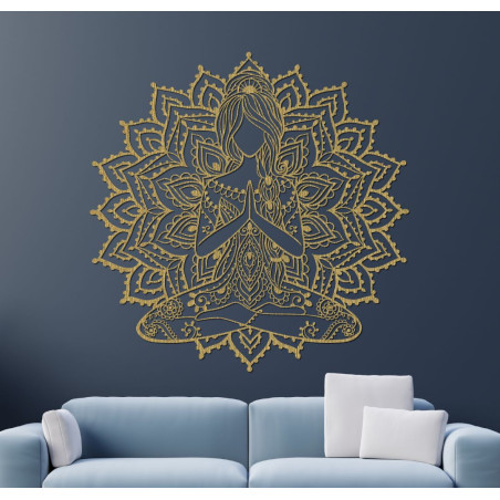 Modern wooden painting of a yoga woman in a mandala - elegant wall decoration for a stylish and peaceful space.