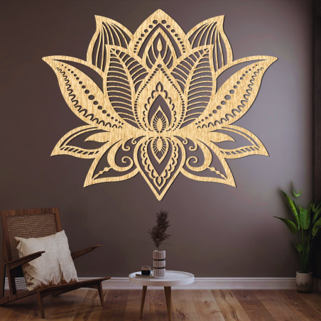 Elegant wooden carved lotus flower - a stylish wall decoration for a modern interior. Elegant wooden carved lotus flower - a stylish wall decoration for a modern interior.