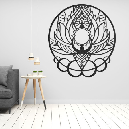 Wooden carved ornament with a sun flower motif for the wall