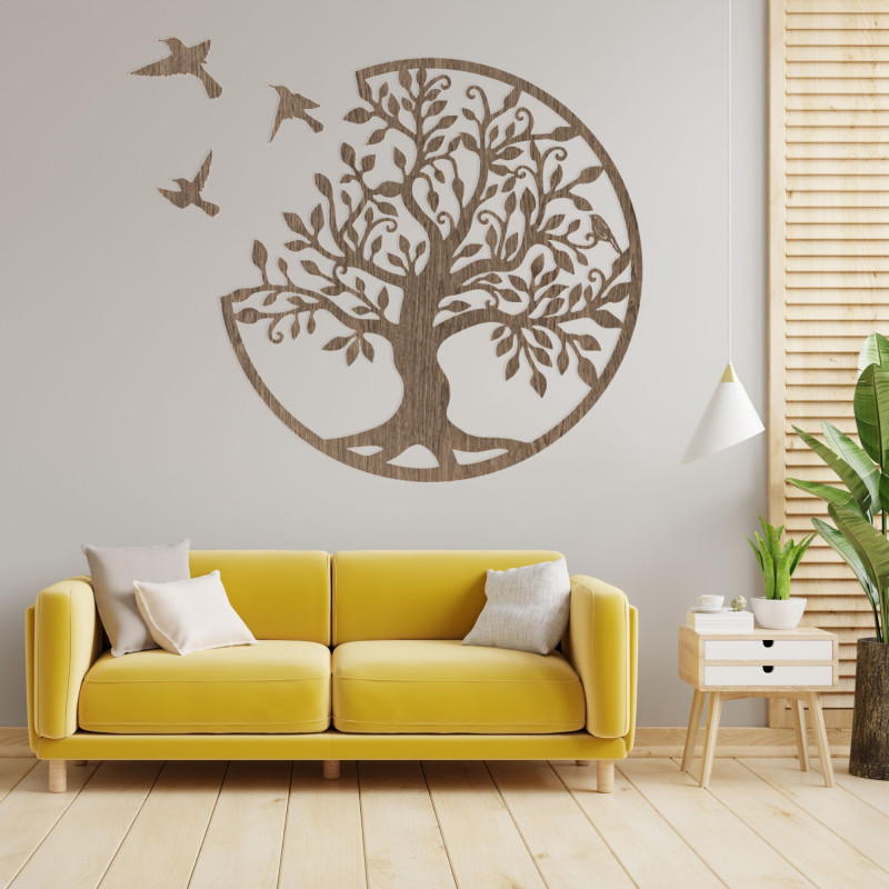Modern wooden wall painting tree with birds