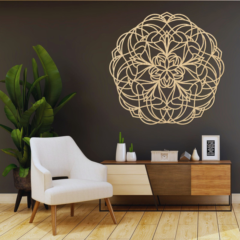Wooden mandala on the wall with a modern geometric pattern