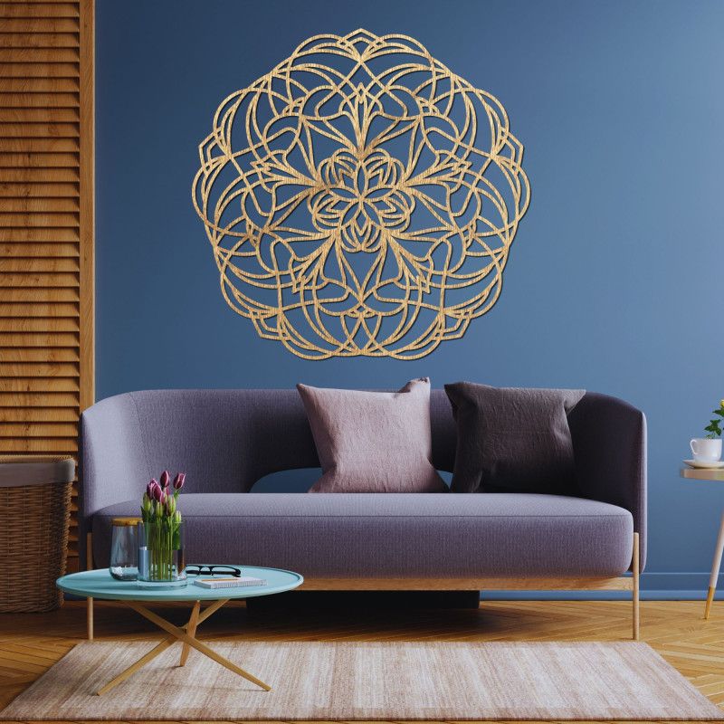Wooden mandala on the wall with a modern geometric pattern