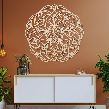 Wooden mandala on the wall with a modern geometric pattern