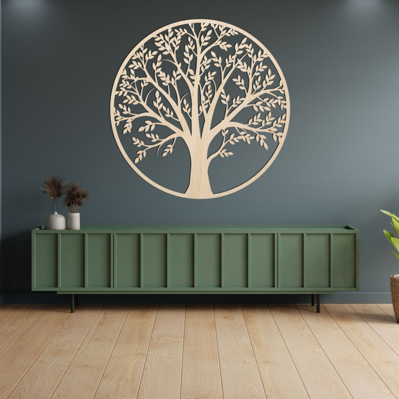 Wooden Tree of Life in a circle on the wall