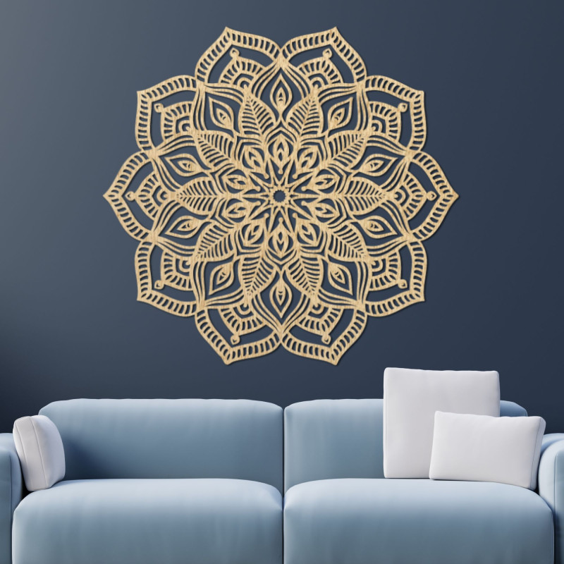 Wooden mandala on the wall with a detailed ornamental pattern for a modern interior