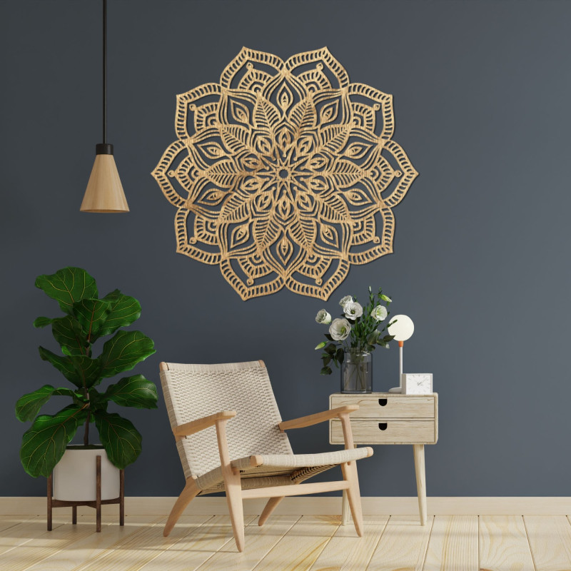 Wooden mandala on the wall with a detailed ornamental pattern for a modern interior