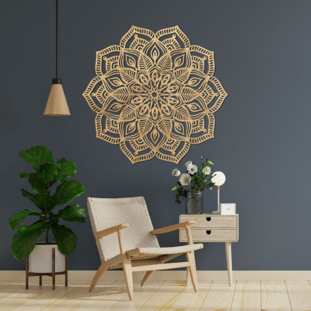 Wooden mandala on the wall with a detailed ornamental pattern for a modern interior